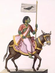 Moudevi, bogini niezgody i nieszczęścia, z „Voyage aux Indes et a la Chine”, grawerowane przez Poissona, 1782 (kolor grawerowania)